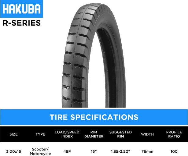 Tire - Hakuba R-Series, 3.00-16, 6 Ply, Scooter / Motorcycle, Tubed