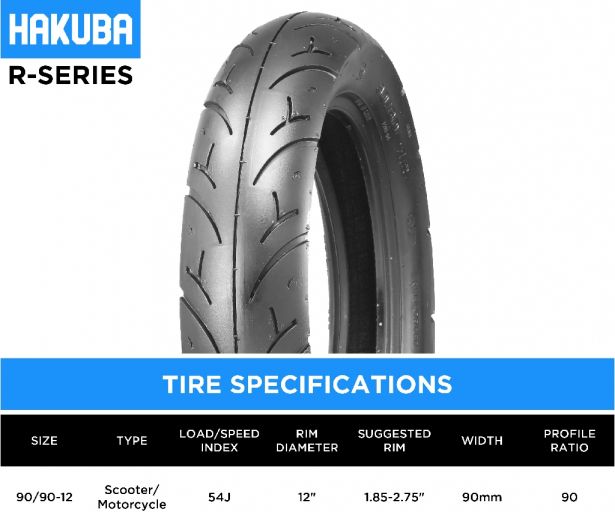 Tire - Hakuba R-Series, 90/90-12, 6 Ply, Scooter / Motorcycle, Tubeless