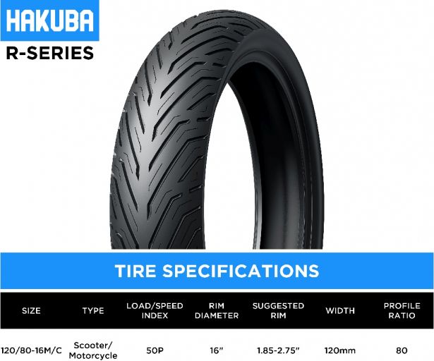Tire - Hakuba R-Series, 120/80-16M/C, 4 Ply, Scooter / Motorcycle, Tubeless
