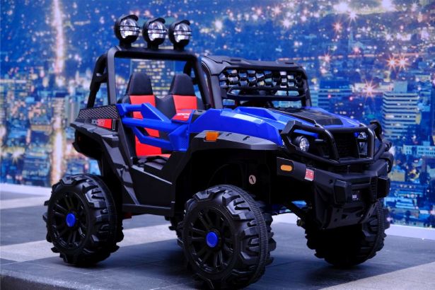 Ride On - Kids Jeep, 2-Seater, 4WD, Lifted, Leather Seats, EVA Wheels, Remote, Blue