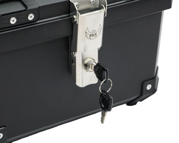 Tail Storage Box - 36L Black Motorcycle & Scooter Trunk, PHX Gen2, Quick Release, Dual Backrest, Corner Reflectors