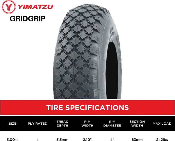 Tire - Yimatzu GridGrip, 3.00-4, 4 Ply, Tubed