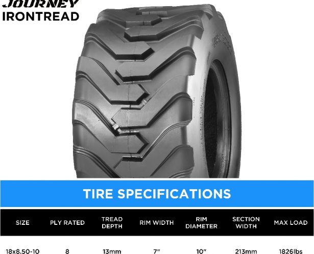 Tire - Journey IronTread Industrial, 18x8.50-10, 8 Ply, Tubeless