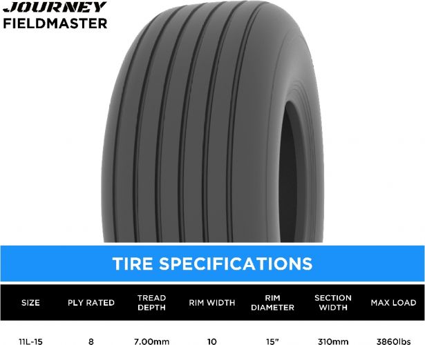 Tire - Journey FieldMaster Agricultural, 11L-15, 8 Ply, Tubeless