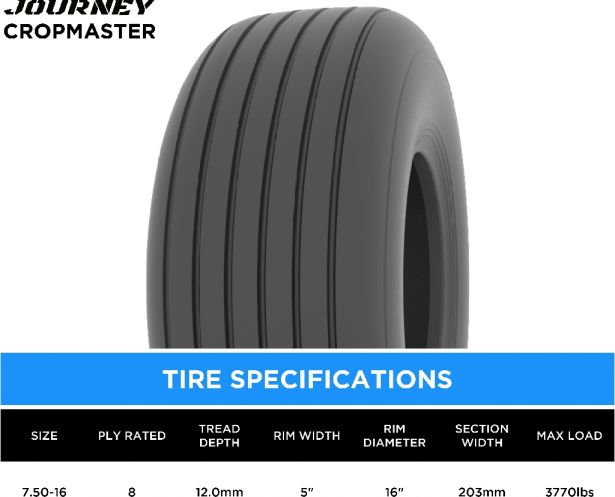 Tire - Journey CropMaster Agricultural, 7.50-16, 8 Ply, Tubeless